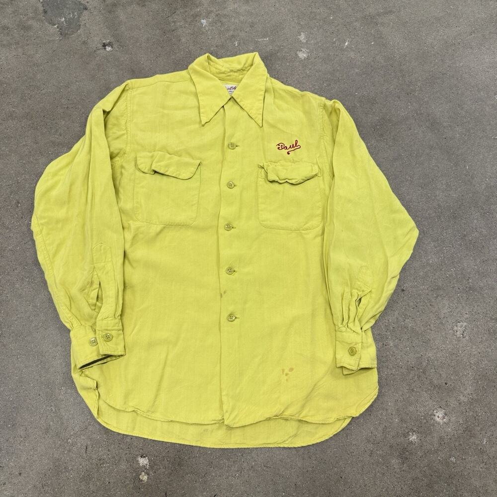 VINTAGE 60s THE SPORTSTER GABARDINE RAYON LOOP COLLAR CHAIN STICTH SHIRT YELLOW